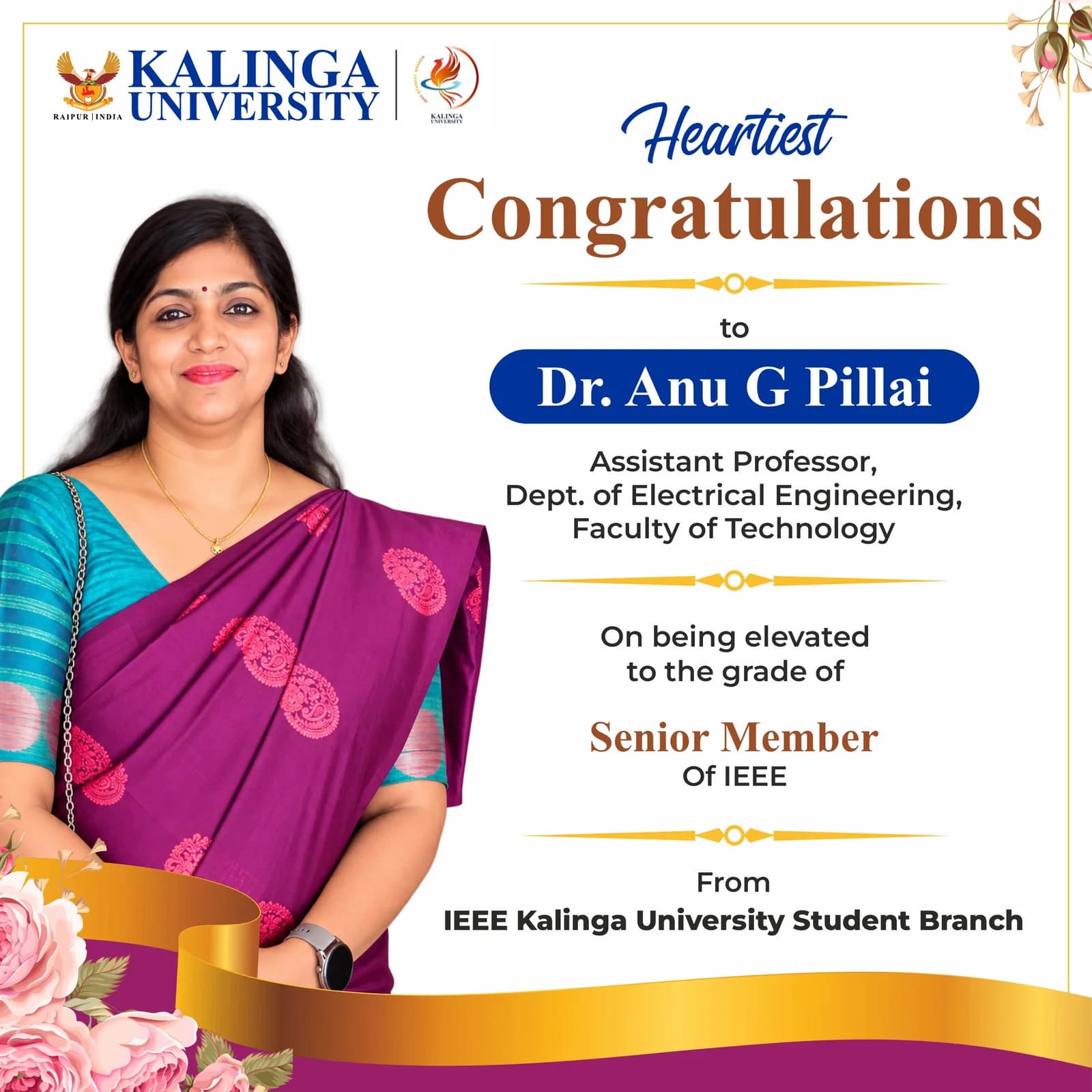 Congratulations to Dr. Anu G Pillai on being elevated to Senior Member of IEEE
